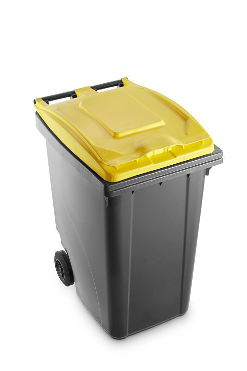Bidone carrellato bicolor 360 litri per raccolta differenziata - Fondo grigio e coperchio giallo