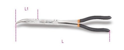 Pinza a becchi mezzotondi lunghissimi zigrinati piegati a 45° con doppio snodo.Lunghezza 336 mm.