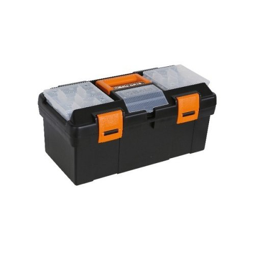 Cassetta in materiale plastico con contenitore e vaschette portaminuterie asportabili, vuoto