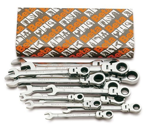 Serie 13 chiavi combinate a cricchetto snodate. Misura da 7 a 19 mm