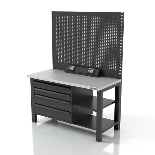 Banco da 1,5m in inox, accessoriato, con cassettiera e con pannello