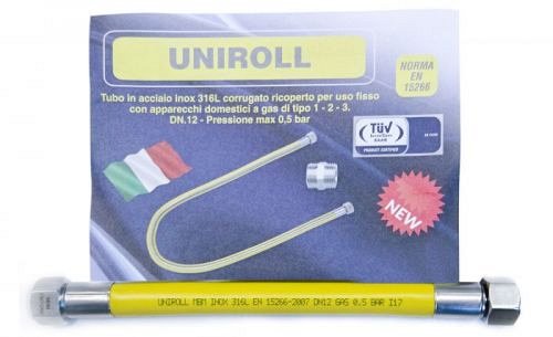 Tubo flessibile gas 0,5 mt 1/2" FF inox a norma EN 15266  per piano cottura/cucina  UNIROLL
