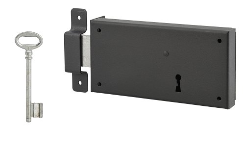 Serratura orizzontale di superficie con chiave per porta di cantina, solo catenaccio, sinistra, asse 105mm, 160x80mm, nero, 1 chiave - THIRARD