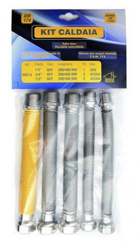 Kit tubi flessibili estensibili caldaia acciaio inox 200 400 gas 1/2 mf uni 11353 2 1/2 mf 2 3/4"mf acqua DM 174