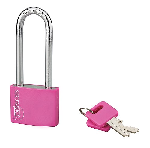 Lucchetto Maxium Color 40mm, arco alta 63mm acciaio temprato, rosa, corpo alluminio, 2 chiavi - THIRARD