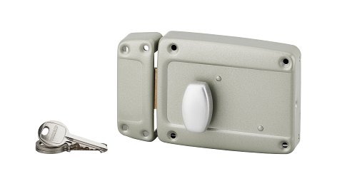 Serratura a superficie per porta di garage, 120x90mm, sinistra, pulsante, cilindro e maniglia 55mm, laccato grigio - THIRARD