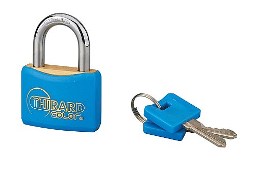 Lucchetto con chiave Mach, ottone, esterno, blu, guscio pvc, 40mm 2 chiavi - THIRARD