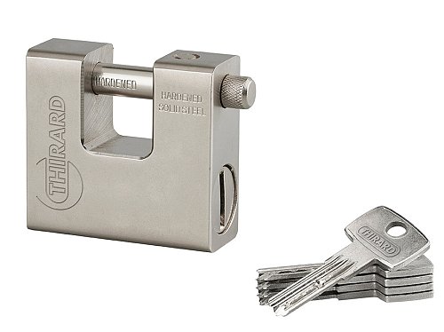 Lucchetto monoblocco rettangolare Thor, acciaio temprato, per serranda, arco in acciaio, 74mm, 5 chiavi reversibili - THIRARD