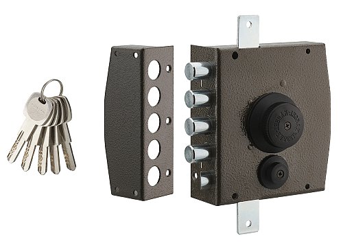 Serratura a 3 punti con pomolo, da applicare, acciaio, 154x140 mm, sinistra, 5 chiavi - THIRARD