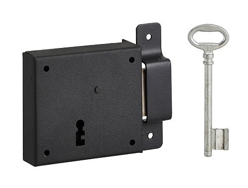 Serratura orizzontale con chiave per porta di cantina, solo catenaccio, destra, asse 50mm, 85x76mm, nero, 1 chiave - THIRARD