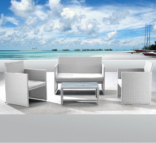 Salotto Valencia White (2 poltrone 1 divano 1 tavolo) Polyrattan - Colore Bianco Cuscini Colore Grigio chiaro