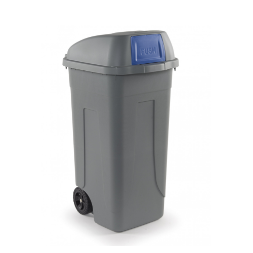 Bidone 100 litri con ruote e coperchio a campana per raccolta differenziata - Fondo e coperchio grigio e sportellino basculante blu