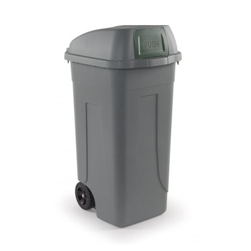 Bidone 100 litri con ruote e coperchio a campana per raccolta differenziata - Fondo e coperchio grigio e sportellino basculante verde scuro