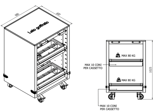 Carrello portatutto con manico richiudibile Portata 150Kg. Ruote Ø 10cm 