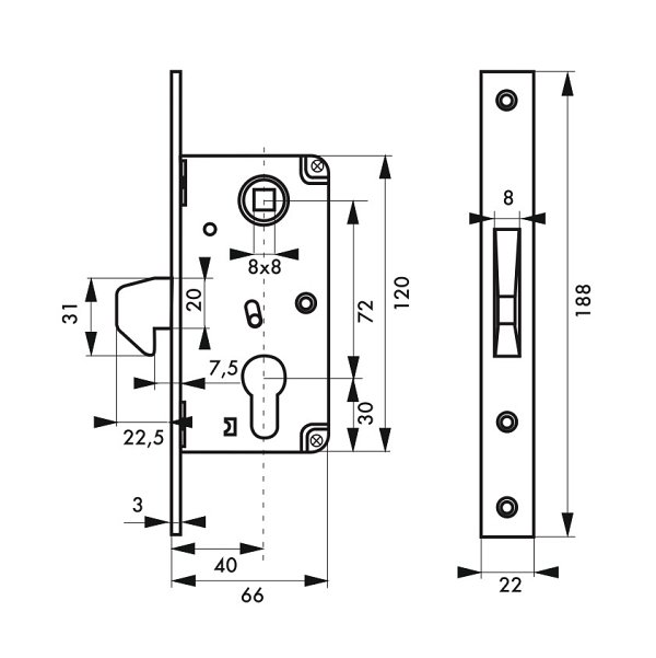 Serratura da incasso a cilindro europeo per portone scorrevole, asse 40mm,  estremità quadrate, zincato - THIRARD ❒ Victualia®