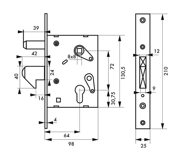 Serratura da incasso a cilindro per cancello scorrevole, asse 64mm,  estremità quadrate, zincato - THIRARD ❒ Victualia®